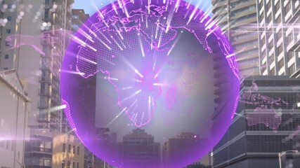 Poster - Map pulsing triggers rotating globe showing radial beams before dissolving skyline