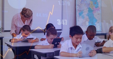 Poster - Teacher reviewing tablet triggers students tapping tablets, generating line graphs for education