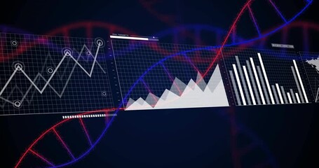 Aufkleber - opening neon dna strands and sliding grid, revealing charts and settling panels visualizing trends