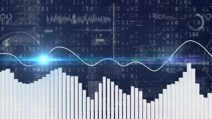Aufkleber - On start bars fluctuating to represent audio data over binary as blue flare accenting visualization