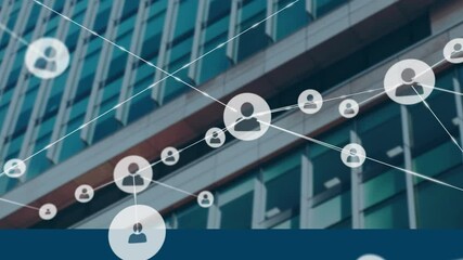 Poster - Starting with single user icon fading and linking others into growing network over office façade