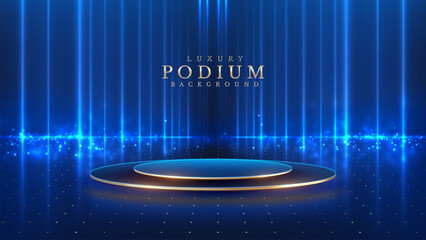 Wall Mural - empty podium golden on blue background with light neon effects with bokeh decorations. luxury scene 