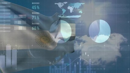 Poster - Argentine flag unfurling, data table appearing for market view, gauges filling and charts animating