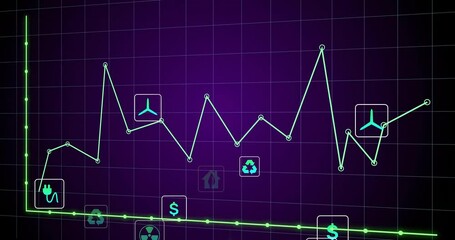Poster - Plug icon pulsing, causing data line oscillating on purple grid, showing energy finance trends