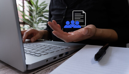 Poster - A woman using a computer, while holding a folder icon and a magnifying glass, below the word SEARCH, folder search concept