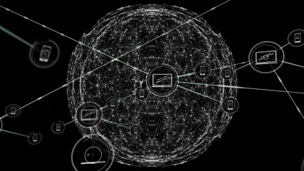 Poster - With central laptop icon appearing, network morphing, expanding into device web demonstrating links