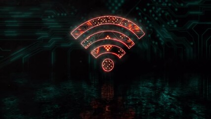 Poster - On startup launching neon wifi icon pulsing with sparking circuits highlighting connectivity