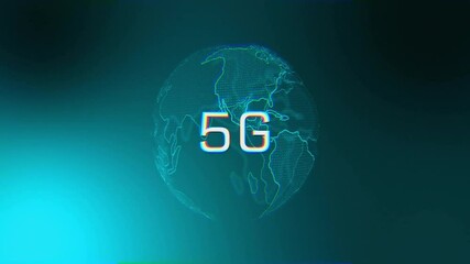 Poster - Neon-lined wireframe globe rotating slowly after 5G label appearing illustrating network coverage