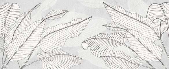 Wall Mural - black and white tropical art background with exotic plant leaves hand drawn in line style. botanical