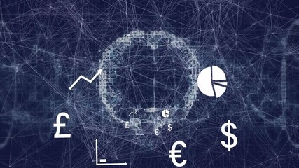 Poster - Opening grid causing financial icons appearing as lines forming rotating sphere showing finance web