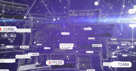 Poster - Thin horizontal beam sweeping in, data panels sliding, fading and nodes pulsing, showing data flow