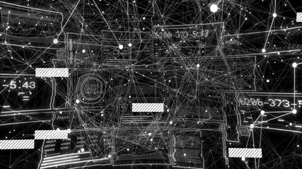 Poster - On startup white network lattice emerging, displaying data and rotating mesh visualizing scan cycle
