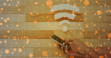 Poster - Hand tapping smartphone on plank wifi symbol with grid overlay while initiating embers intensifying