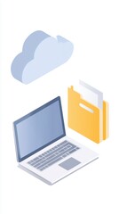 Fototapete - Laptop with open screen, cloud storage icon above, and yellow folder representing digital organization and data management in modern technology