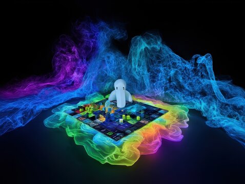 Abstract Digital Art White Figure on Vibrant Pixelated Surface with Neon Energy Swirls