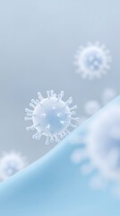 Poster - Microbial illustration of virus particles floating in a soft blue background with smooth gradients and subtle textures for scientific and educational use