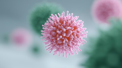 Poster - Colorful virus illustration with intricate details showcasing spherical shapes and textures against a soft blurred background for educational and scientific purposes
