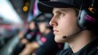 © PStyle - Focused young man wearing a headset and cap, likely part of a motorsport pit crew, intently monitoring the race with teammates in the background.