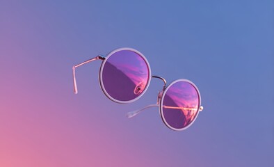 Wall Mural - Round, rose-tinted sunglasses, metallic arms, reflecting a vibrant sunset, float against a gradient purple-pink background