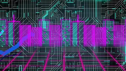 Poster - After emerging left, cyan arrow tracing diagonal circuit while pulsing bars and showing data flow