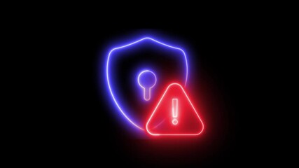 Poster - A neon outline of an exclamation mark and shield icon glowing against a black background, symbolizing security on the internet
