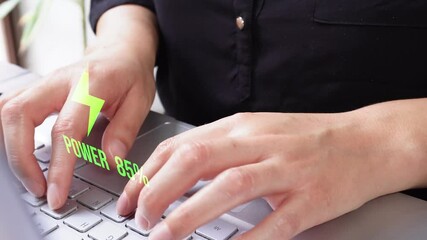Poster - Animation of the charging lightning icon: progress from 0 to 100%. In the background, a woman working on a computer.