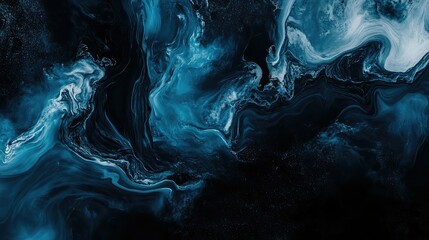 Poster - Abstract blue and black swirling patterns resembling cosmic nebula, showcasing the beauty of fluid art and blending colors in a mesmerizing composition for creative uses.