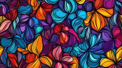 Aufkleber - Vibrant Abstract Floral Background with Colorful Patterns of Leaves and Blooms in Various Shapes and Shades for Creative and Artistic Projects