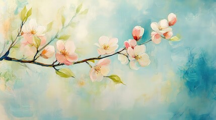 Poster - Delicate Cherry Blossom Branch Against a Soft Blue Background Capturing the Essence of Spring Season and Natural Beauty with Gentle Touch of Pastel Colors