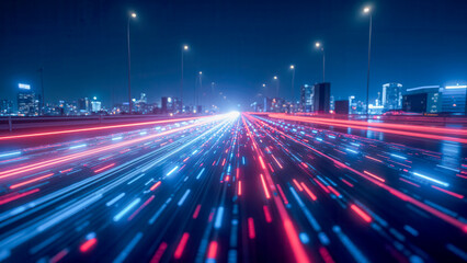 Poster - Blurred Light Trails on Busy Urban Highway at Night with Cityscape in Background
