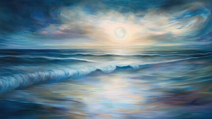 Poster - Tranquil Seascape at Dusk with Gentle Waves and a Shimmering Moonlit Sky Reflecting Soft Blue and Gold Hues in an Impressionistic Style