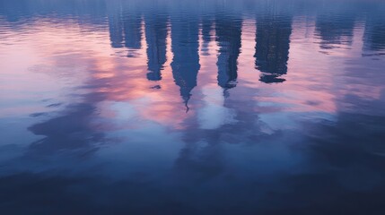 Poster - Tranquil Water Reflection of City Skyline at Dusk with Vibrant Colors of Sunset and Clouds Creating a Serene Atmosphere Over the Calm Surface