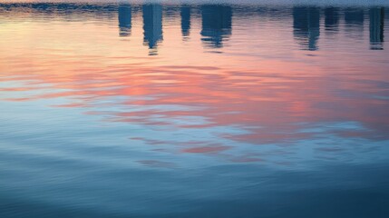 Poster - Serene Water Reflection of Tall Buildings at Sunset with Soft Pink and Blue Tones Highlighting Calmness in Urban Environment
