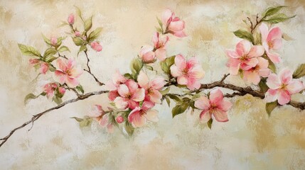 Poster - Delicate Pink Cherry Blossom Flowers on Soft Background with Subtle Texture, Symbolizing Beauty, Renewal, and Nature's Serenity in Springtime Artistry