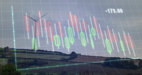 Poster - Opening 3D grid showing candlestick chart as camera tilts revealing rotating wind turbine blades