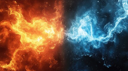 Poster - Stunning Abstract Composition of Fiery Orange and Cool Blue Smoke Blending in Cosmic Background with Stars and Nebula for Creative Design Projects