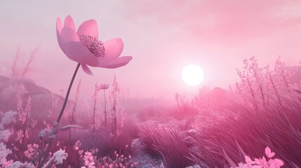 Poster - Serene Pink Floral Landscape at Sunset with a Majestic Flower Illuminated by Soft Sunlight Amidst Gentle Pink Hues and Dreamy Atmosphere