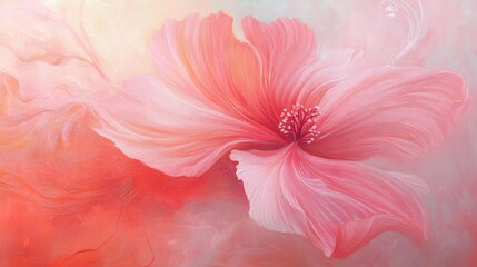 Poster - Delicate Pink Flower with Soft Petals Blending Elegantly into a Dreamy Background of Warm Coral and Light Hues in a Serene Floral Composition