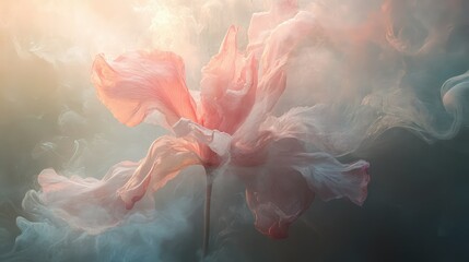Poster - Ethereal Pink Flower Surrounded by Soft Wisps of Mist and Gentle Light Creating a Dreamlike Atmosphere Ideal for Artistic and Nature Themes
