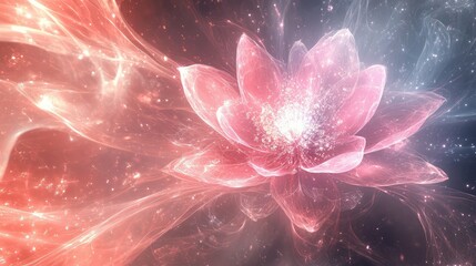 Poster - Ethereal Pink Lotus Flower Surrounded by Cosmic Light and Colorful Soft Flows, Radiating Tranquility and Serenity in a Dreamlike Atmosphere