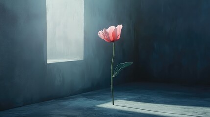 Poster - Elegant paper flower standing tall on a soft gray floor near a sunlit window, creating a serene and minimalist atmosphere of beauty and tranquility in a modern setting.