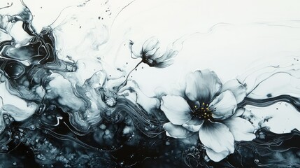 Poster - Elegant Black and White Abstract Floral Art with Soft Flowing Lines and Details, Capturing the Beauty of Nature in Monochromatic Style for Modern Spaces