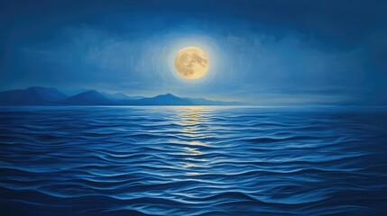 Poster - Serene Moonlit Night Over Calm Ocean Waves with Tranquil Blue Tones and Majestic Mountain Silhouettes in the Background