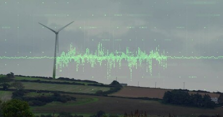Poster - Green waveform appearing above horizon causing turbine blades spinning for energy visualization