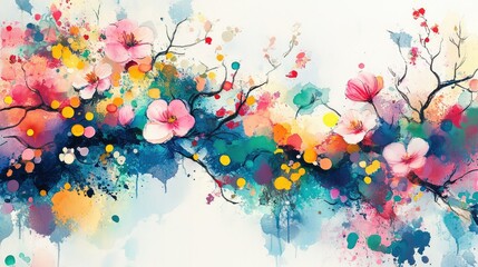 Poster - Vibrant Abstract Floral Composition with Colorful Blooms and Dynamic Swirls in Vivid Watercolor Style, Perfect for Modern Decor and Art Design Projects