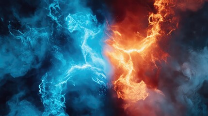 Poster - Dramatic Display of Blue and Orange Flames Intertwining in a Captivating Dance of Light and Color on a Dark Background for Artistic and Creative Projects