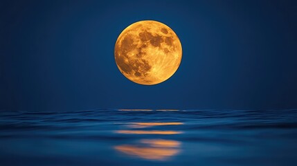 Poster - Stunning Full Moon Glows Over Tranquil Ocean Waves, Illuminating the Night Sky with Radiant Orange and Deep Blue Tones, Creating a Serene Atmosphere