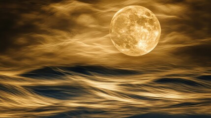 Poster - Majestic Full Moon Illuminating Serene Waves Under Dramatic Clouds with Golden Hues, Creating a Magical and Enchanting Nighttime Atmosphere Ideal for Nature Lovers