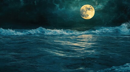 Poster - Serene Ocean Waves Under a Bright Full Moon Illuminating the Night Sky with Majestic Clouds and Calm Waters Smoothed by Gentle Tides