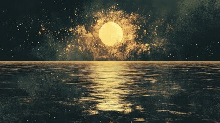 Poster - Majestic Golden Moon Rising Over Calm Waters with Stars in Background, Creating a Serene and Dreamlike Atmosphere at Night